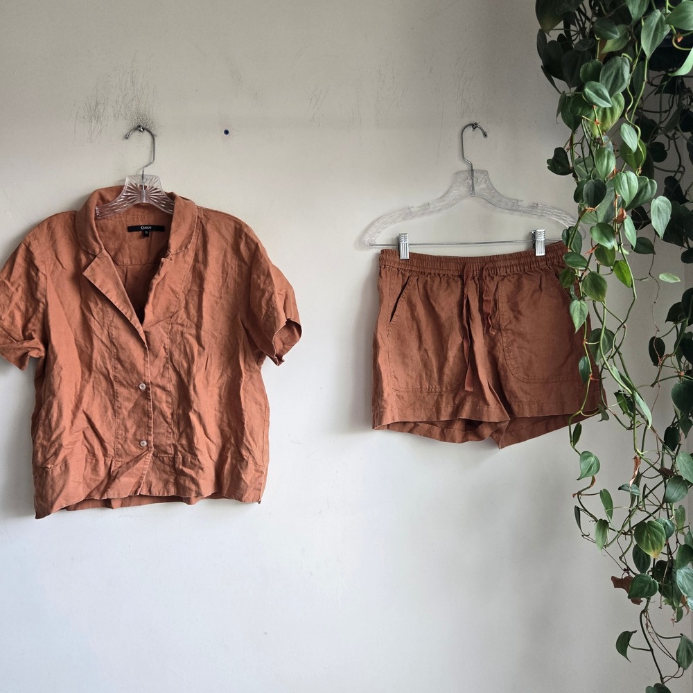 Quince S Linen Set Women Terracotta Excellent Short Sleeve Shirt and Shorts 2pc